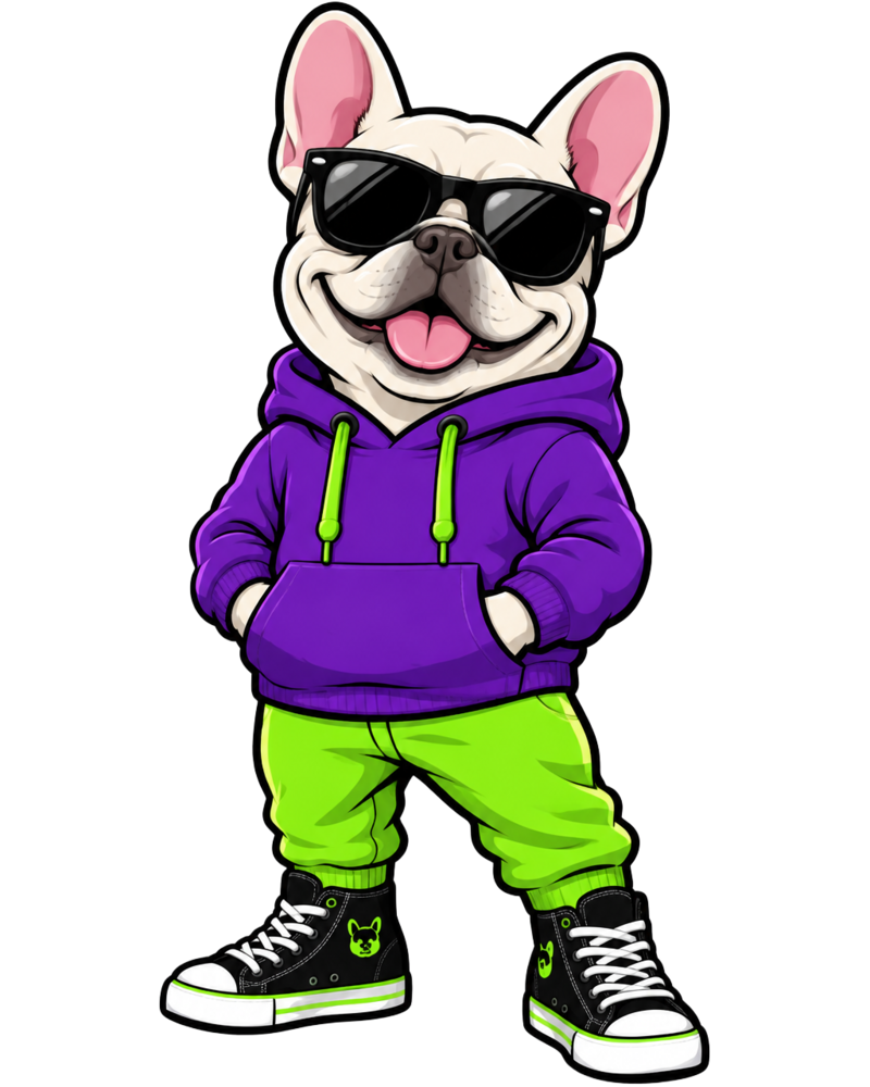 Trusky, bulldog francés crema con gafas negras, sudadera violeta y pantalón verde neón